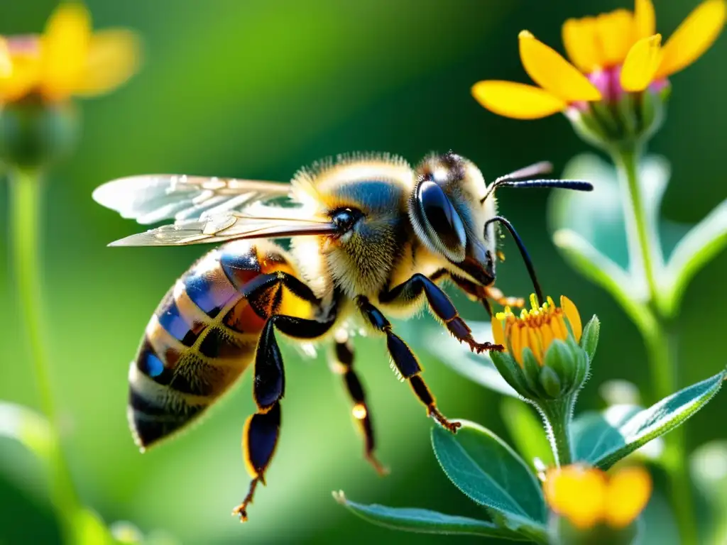 Una abeja realizando el 'baile de la danza' en un campo de flores vibrantes, muestra sistemas de señalización de peligro insectos