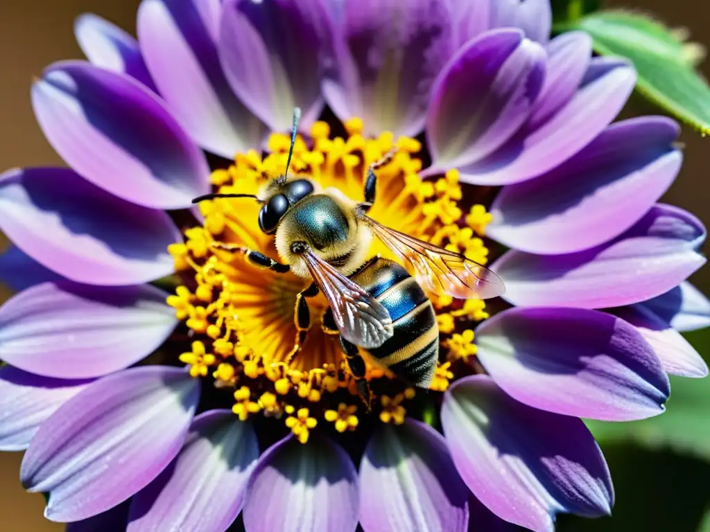 Una abeja realiza un baile preciso en una flor vibrante, mientras la luz del sol resalta sus alas iridiscentes