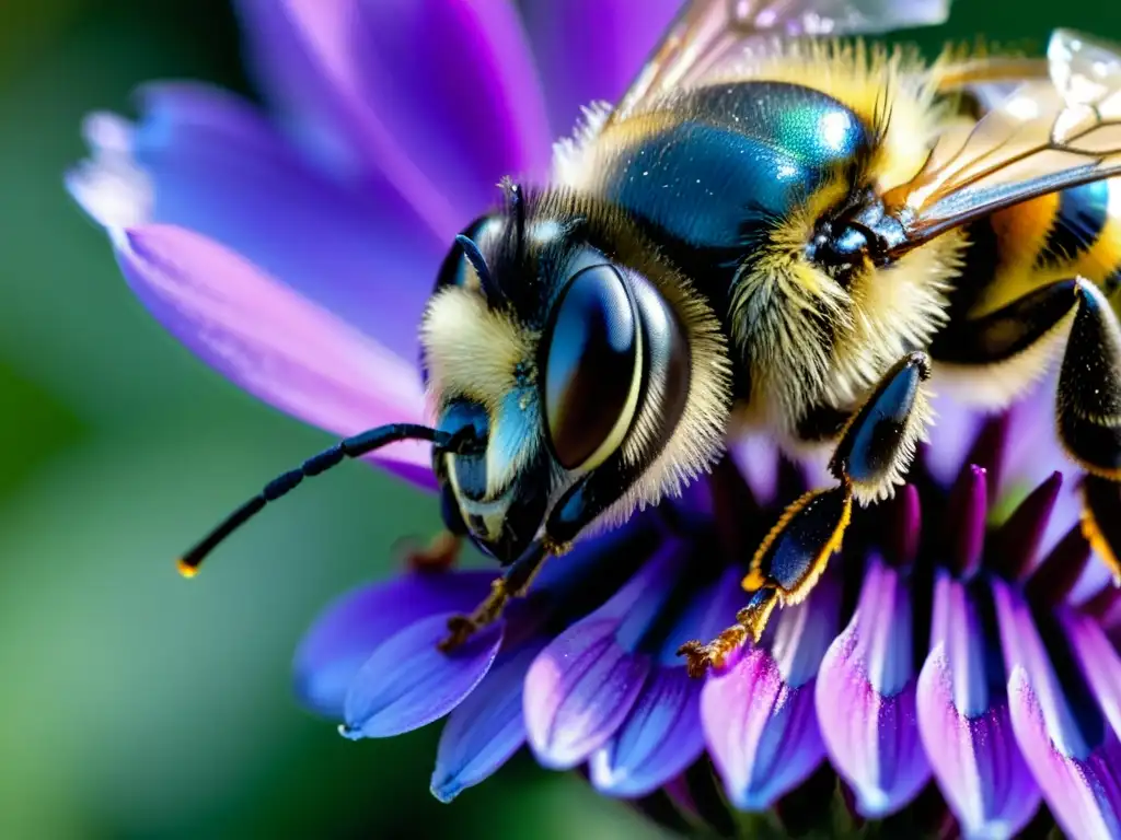 Un abeja brillante recolectando néctar de una flor morada vibrante, con detalles nítidos