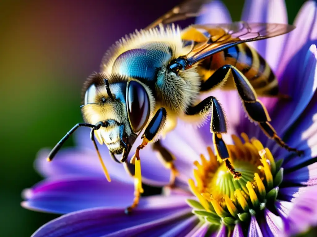 Una abeja recolectando néctar de una colorida flor morada, mostrando detalles de su cuerpo peludo y alas translúcidas