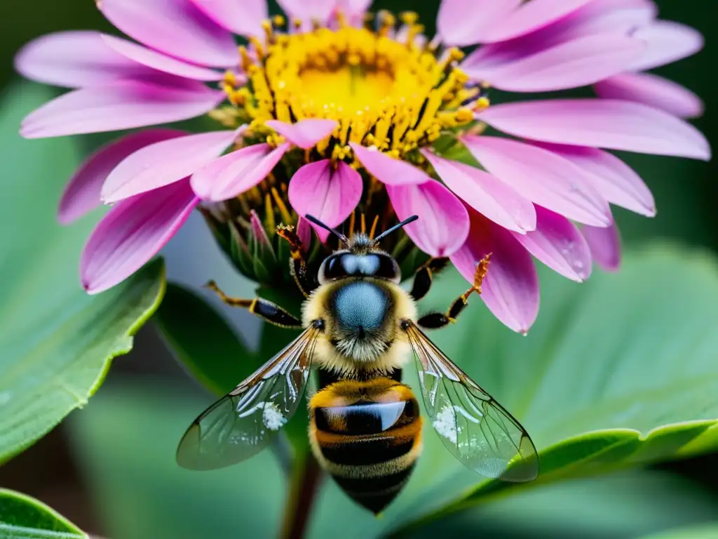 Una abeja cubierta de partículas de plástico, posada en una colorida flor