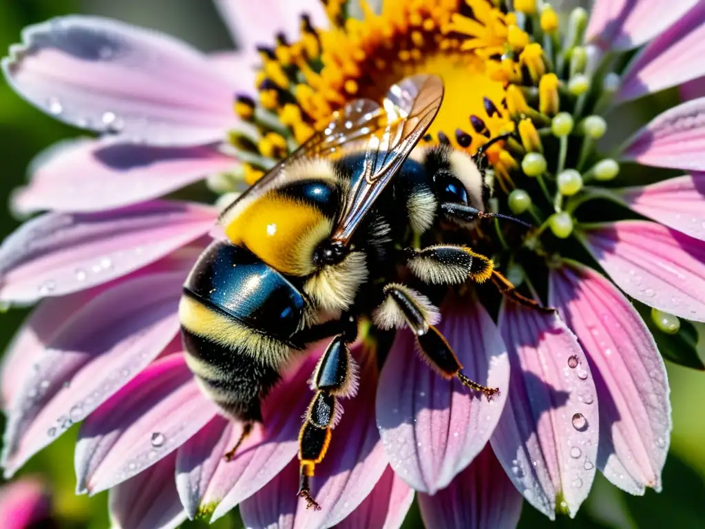 Una abeja cubierta de pesticidas sobre una flor, mostrando los efectos en los polinizadores y el ecosistema