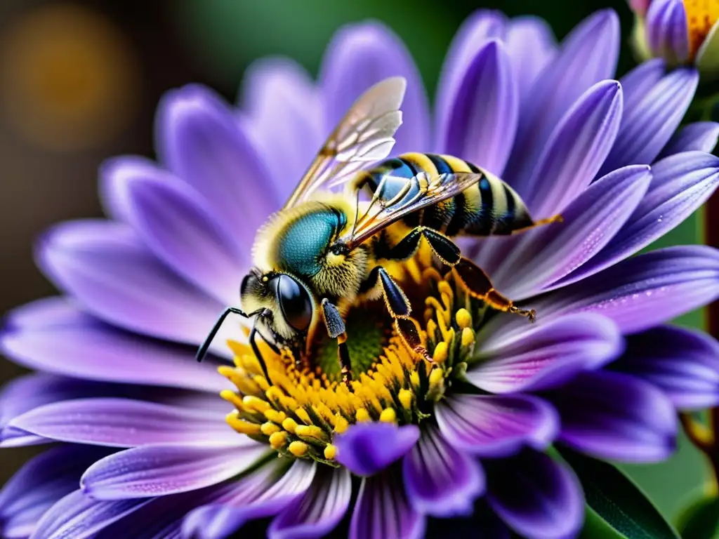 Una abeja cubierta de polen, con alas extendidas sobre una flor morada vibrante, muestra las estrategias de los insectos ante el cambio climático