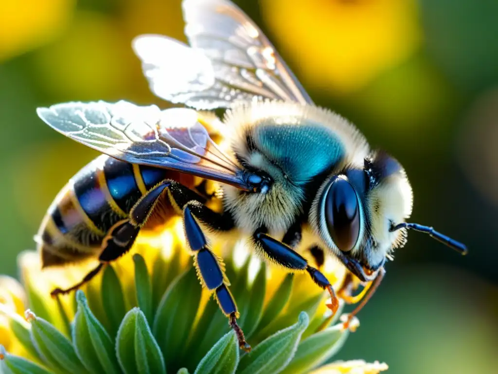 Una abeja cubierta de polen, sus alas, ojos y cuerpo detallados