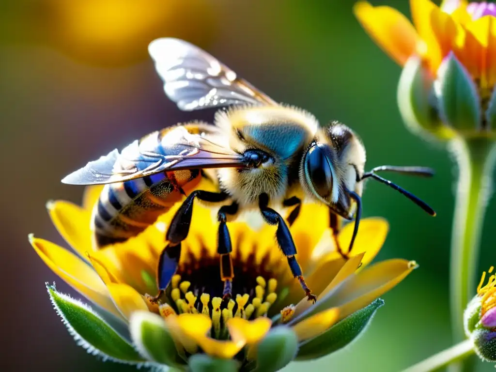 Detalles asombrosos: abeja cubierta de polen sobre flor Una abeja cubierta de polen, con alas delicadas, sobrevuela una flor colorida