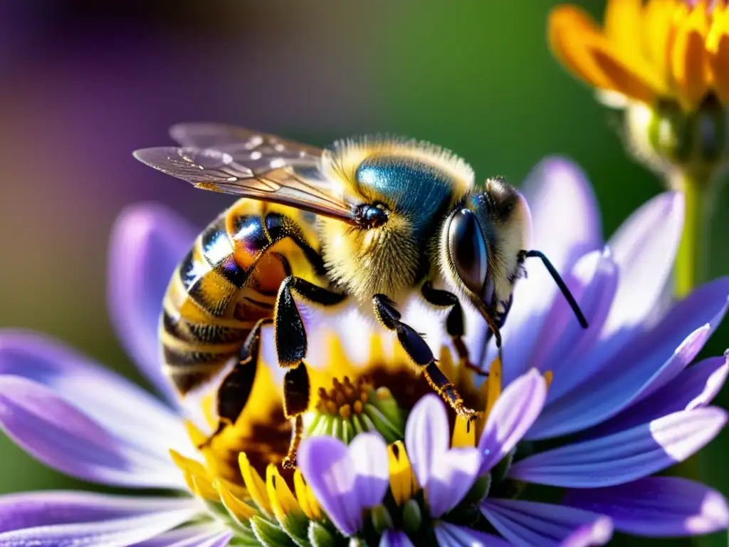 Una abeja cubierta de polen, con alas extendidas, poliniza una flor morada