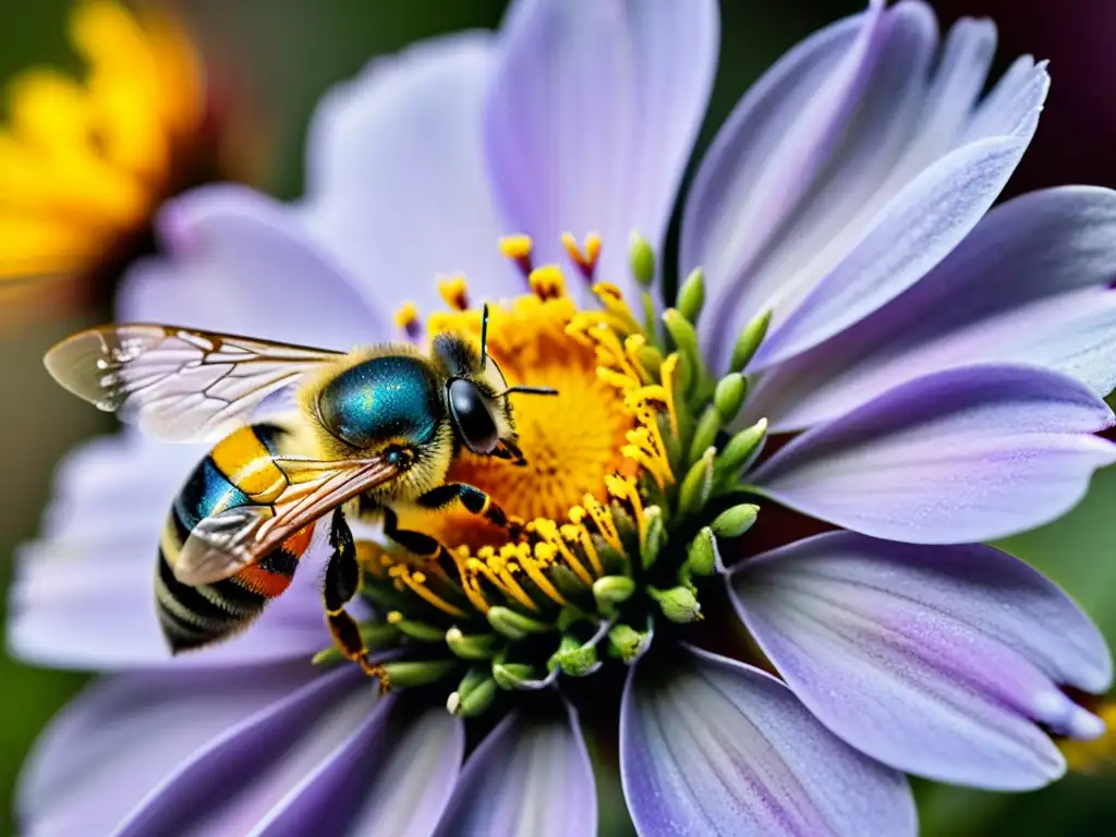 Una abeja cubierta de polen con alas extendidas cerca de una flor vibrante, resaltando la importancia de la comunicación en insectos