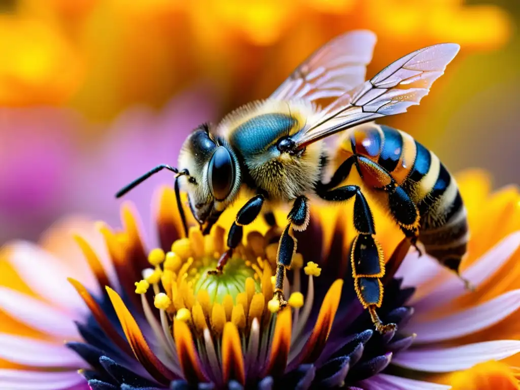 Una abeja cubierta de polen amarillo vibrante, revoloteando cerca de una flor naranja y rosa