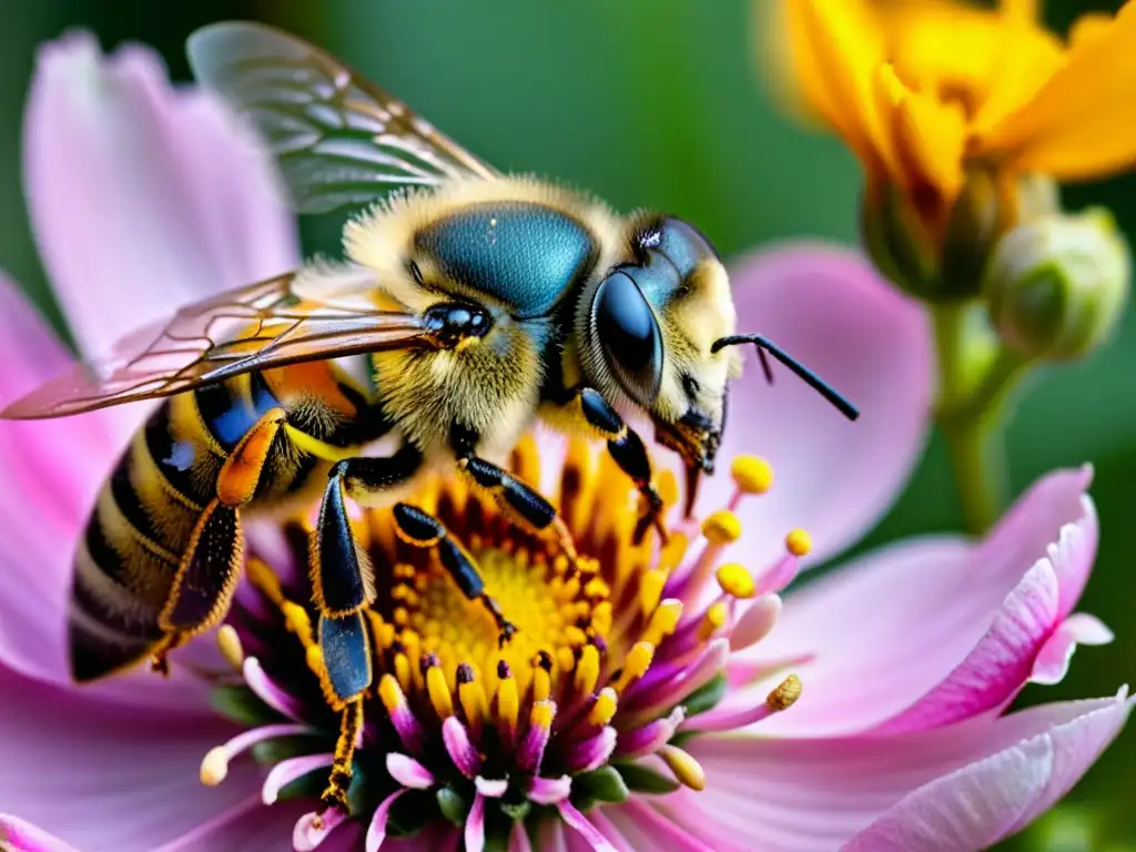 Una abeja cubierta de polen amarillo vibrante revolotea sobre una delicada flor rosada