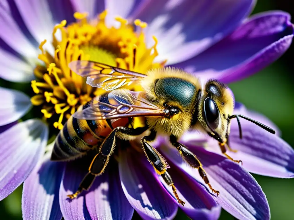 Una abeja cubierta de polen amarillo vibrante, posada en el estambre de una flor morada