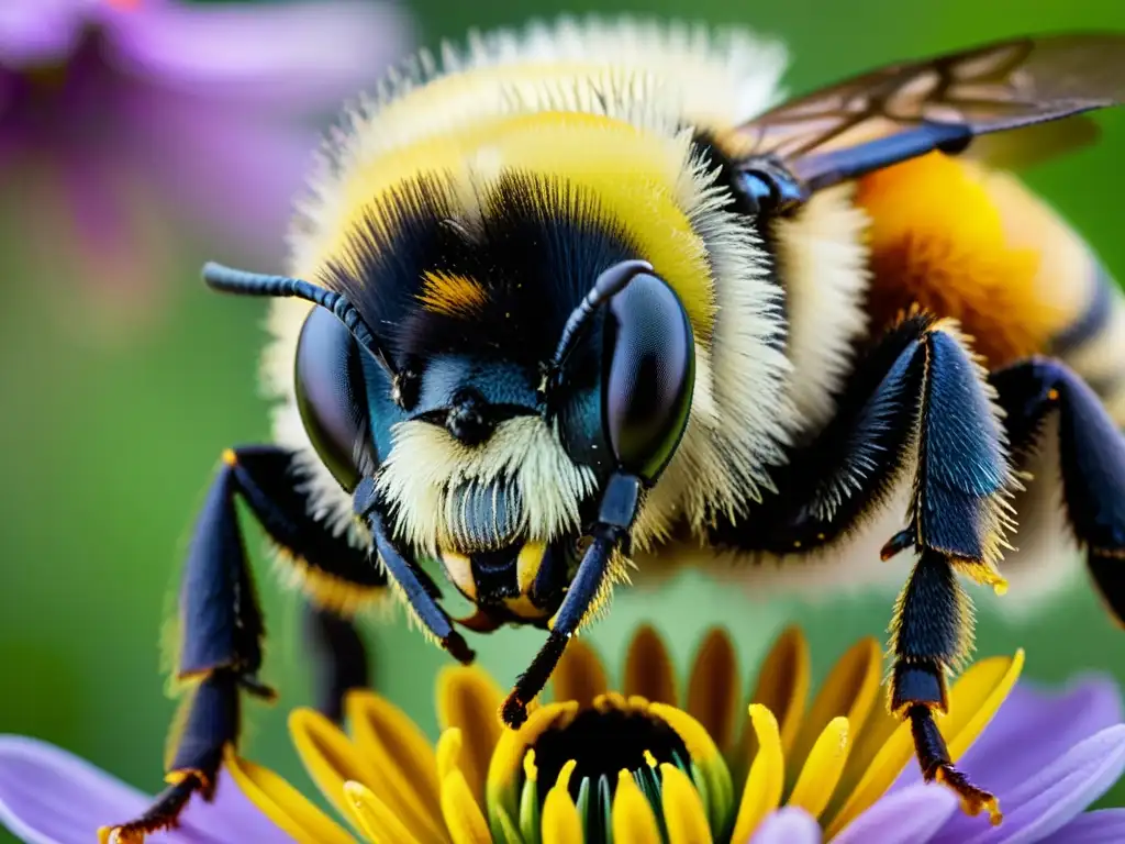 Una abeja cubierta de polen amarillo se posa delicadamente en una flor silvestre, destacando la pérdida de insectos amenaza salud planetaria