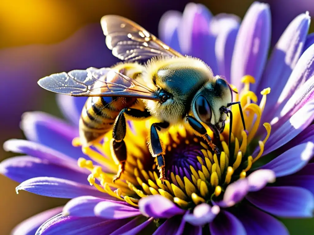 Una abeja cubierta de polen amarillo sobre una flor morada, resplandeciendo bajo el sol