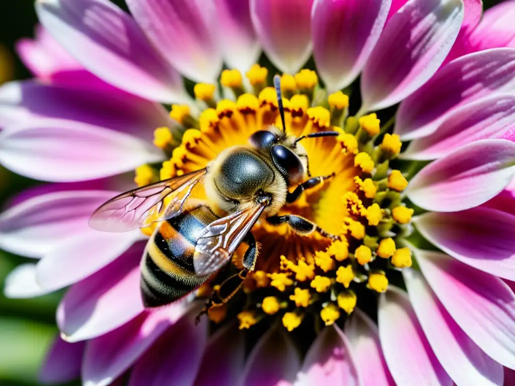 Una abeja cubierta de polen amarillo vibrante se cierne sobre una flor rosa y blanca