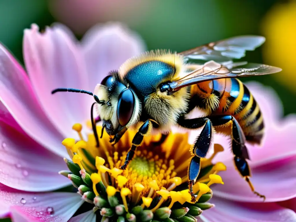 Bee cubierta de polen amarillo sobre flor rosa Una abeja cubierta de polen amarillo vibrante se posa sobre una delicada flor rosa, mostrando la simbiosis entre insectos y plantas