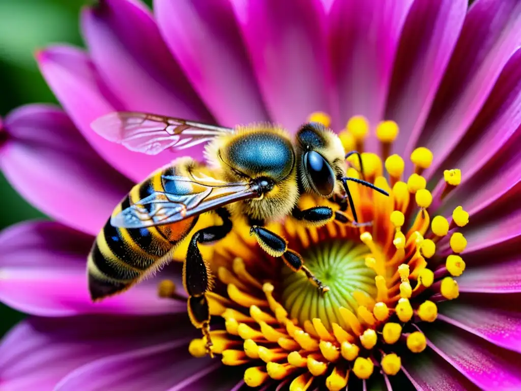 Una abeja cubierta de polen amarillo sobre una flor rosa