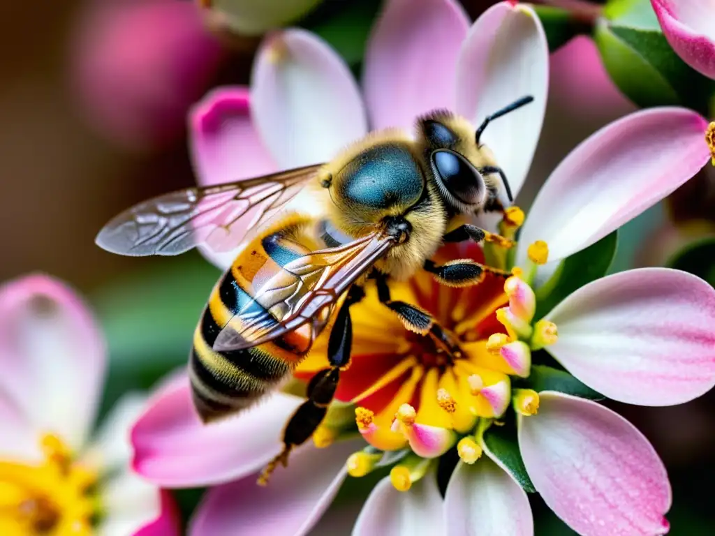 Una abeja cubierta de polen amarillo vibrante poliniza una flor rosa