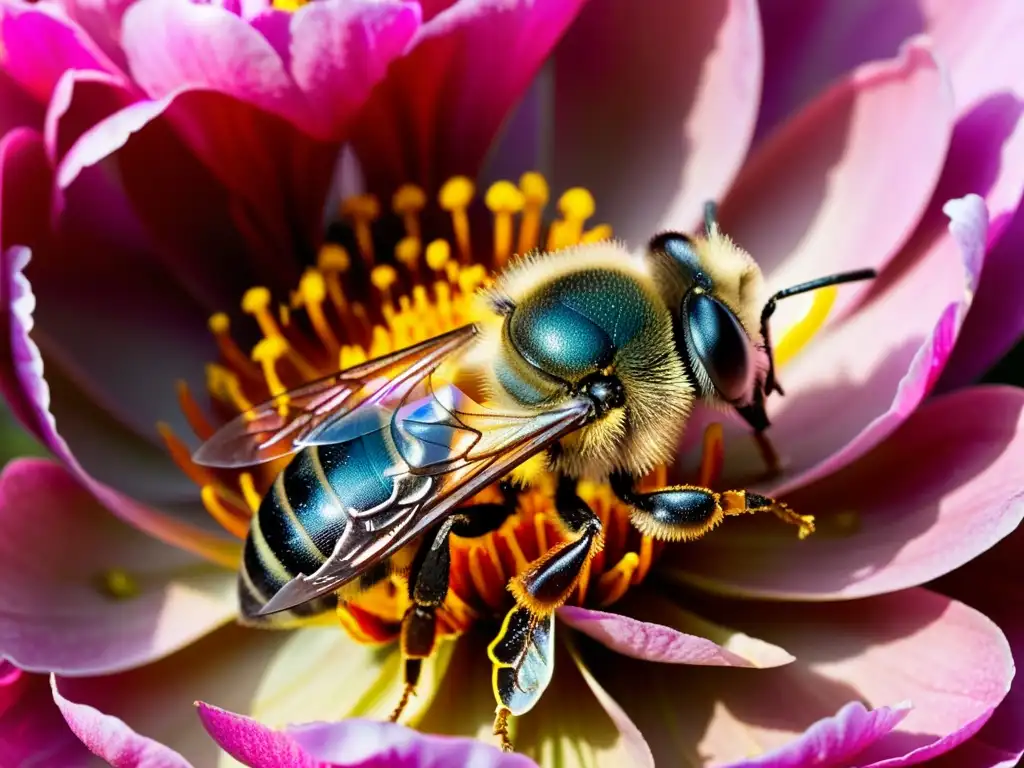 Una abeja cubierta de polen amarillo sobre una flor rosa brillante