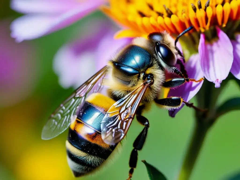 Una abeja cubierta de polen amarillo recolecta néctar de una flor colorida