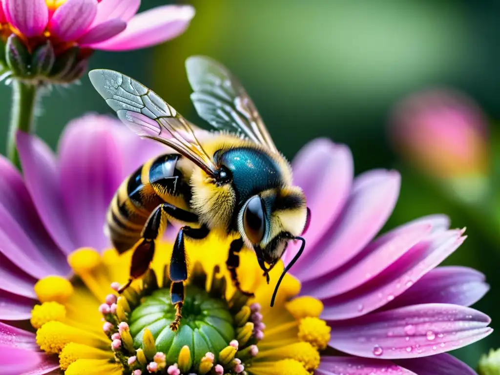 Una abeja cubierta de polen amarillo vibrante, revoloteando sobre una flor rosa con gotas de agua, en un jardín verde exuberante