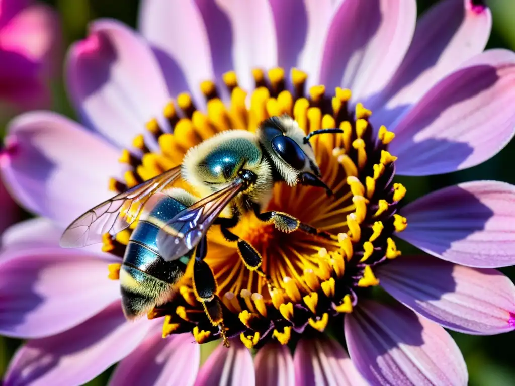 Una abeja cubierta de polen amarillo vibrante sobre una flor rosa, resaltando la importancia de los polinizadores en la crisis ecológica