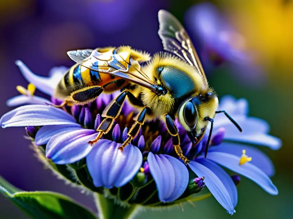 Una abeja cubierta de polen amarillo vibrante, con alas iridiscentes, se posa sobre flores moradas