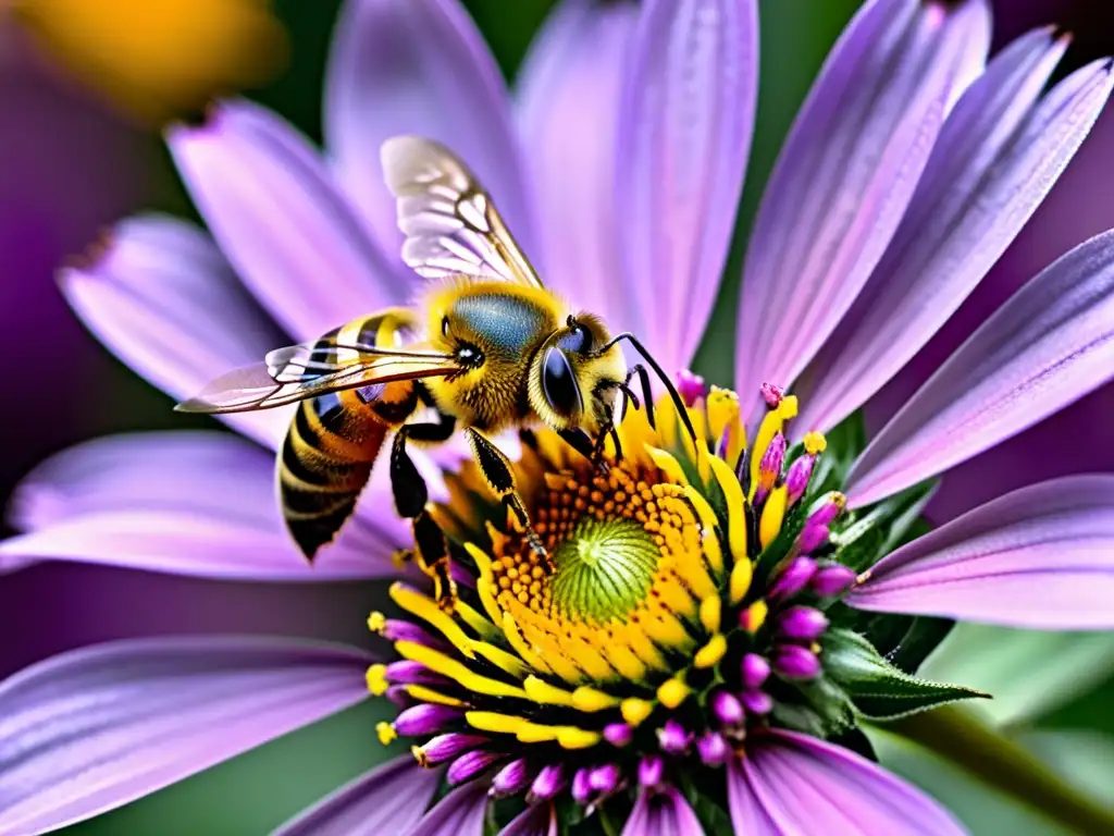 Una abeja cubierta de polen amarillo en el centro de una flor morada