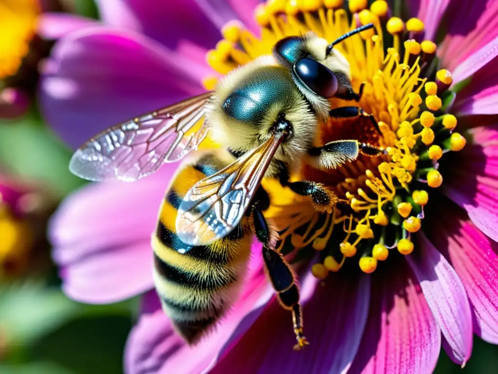 Maravillosa polinización: abeja cubierta de polen amarillo sobre flor rosa Una abeja cubierta de polen amarillo vibrante sobre una flor rosa, resaltando la importancia de la polinización en los ecosistemas