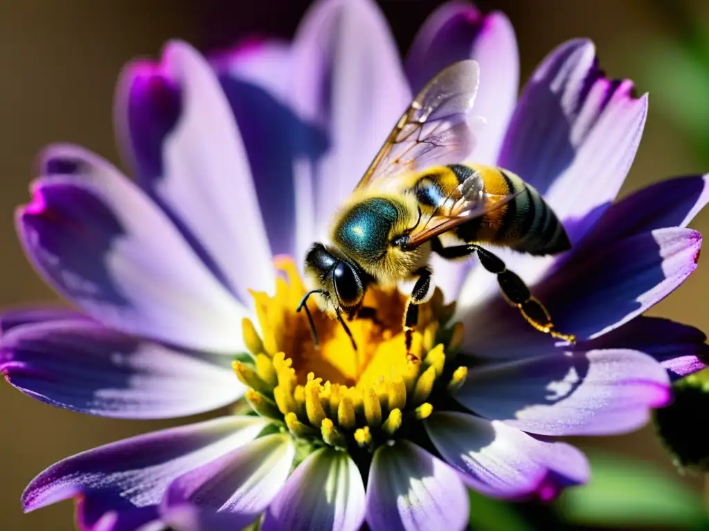 Una abeja cubierta de polen amarillo vuela sobre una flor morada vibrante, resaltando la importancia de la relación simbiótica insectos flores