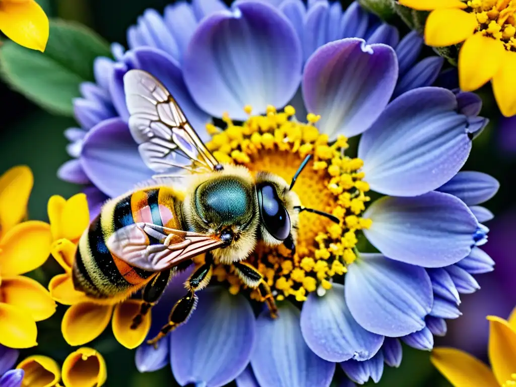 Una abeja cubierta de polen amarillo vibrante vuela cerca de flores coloridas, destacando la Importancia de los insectos en polinización