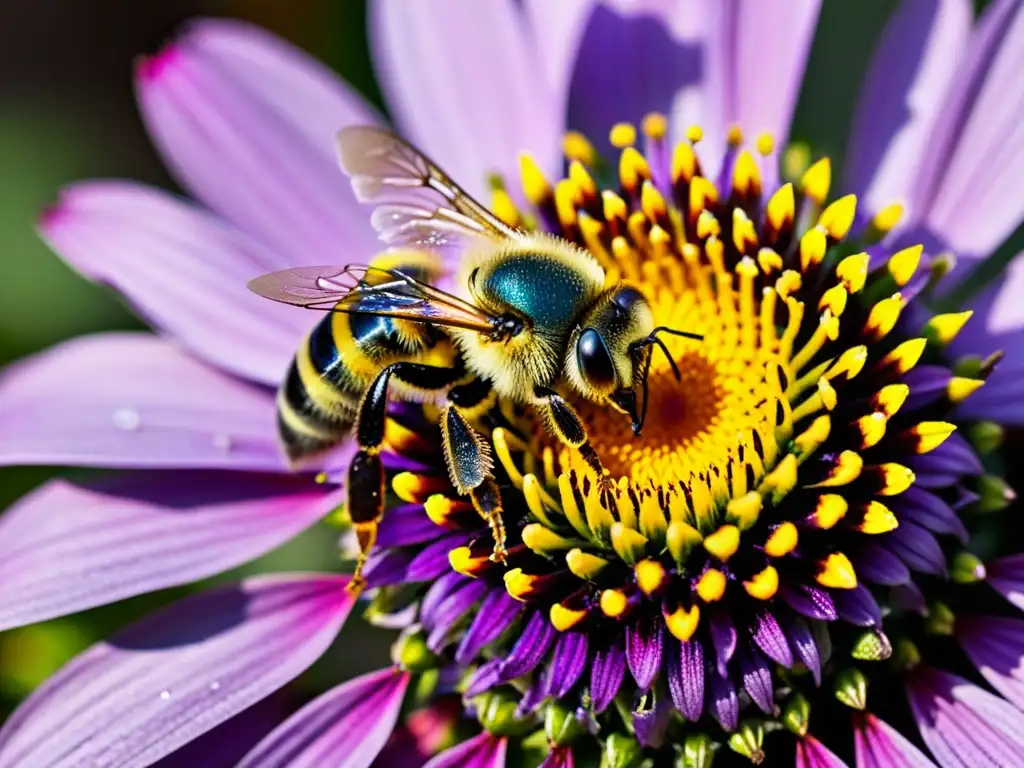 Una abeja cubierta de polen amarillo brillante se posa sobre una flor morada mientras sus alas se congelan en movimiento