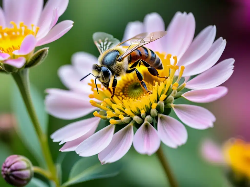 Una abeja cubierta de polen amarillo vibrante, revoloteando sobre una delicada flor rosa