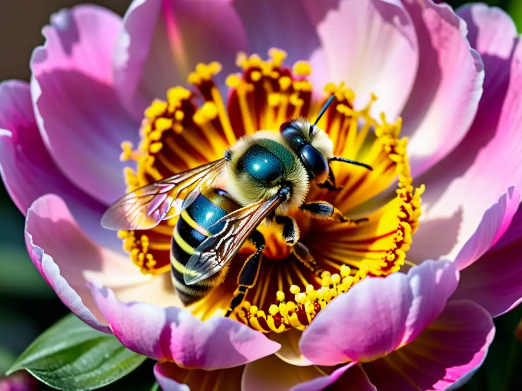 Una abeja cubierta de polen amarillo brillante sobre una peonía rosa, destacando la importancia de la coevolución insectos flores
