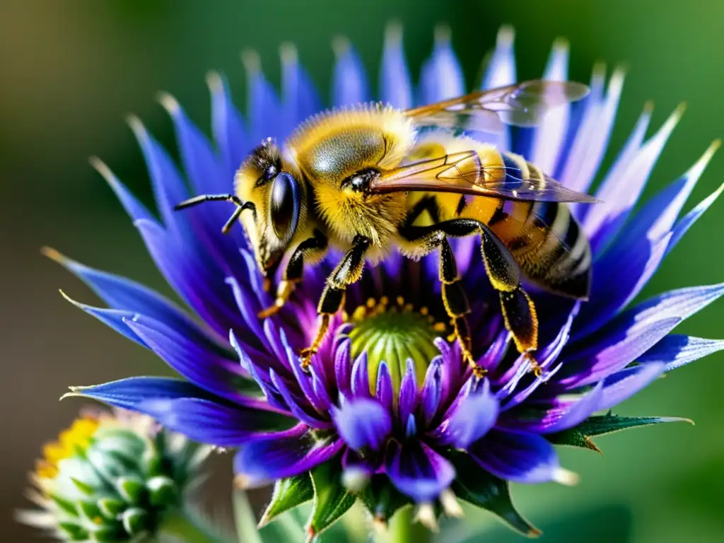 Una abeja cubierta de polen amarillo brillante revolotea sobre una flor morada