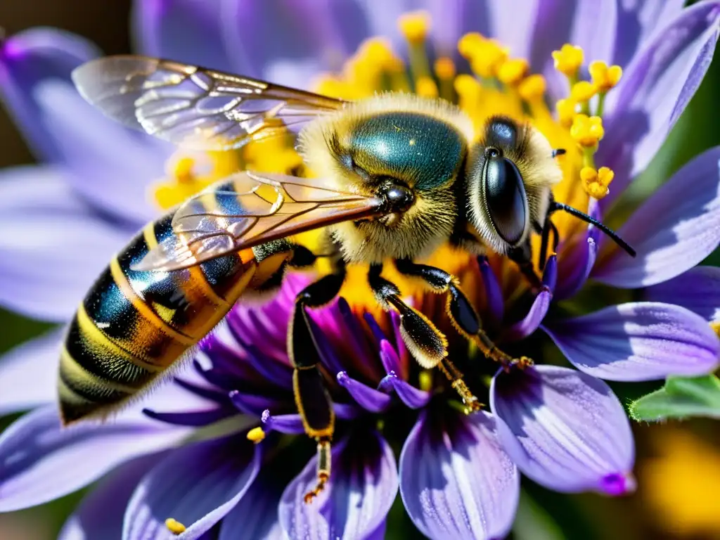 Una abeja cubierta de polen amarillo se posa en una hermosa flor morada, destacando la importancia de los polinizadores en ecosistemas