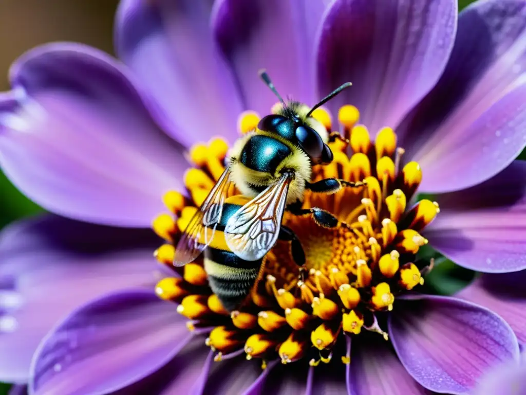 Una abeja cubierta de polen amarillo poliniza una flor vibrante