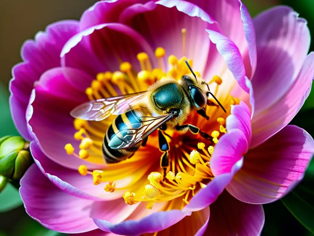 Una abeja cubierta de polen amarillo, explorando una peonía rosa