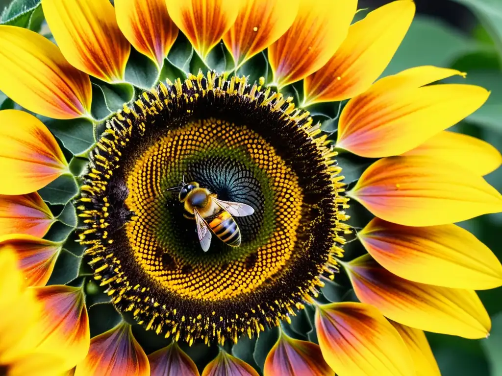 Una abeja cubierta de polen amarillo vibrante, revoloteando sobre un girasol naranja y amarillo