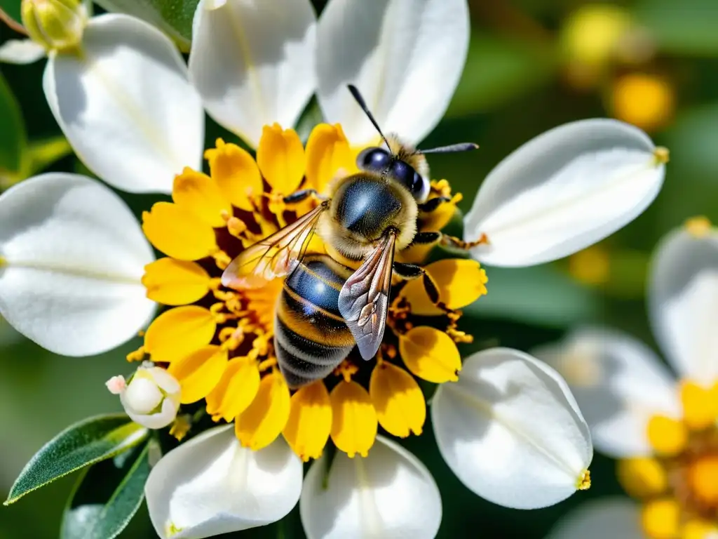 Una abeja cubierta de polen amarillo descansa en una flor de manzana