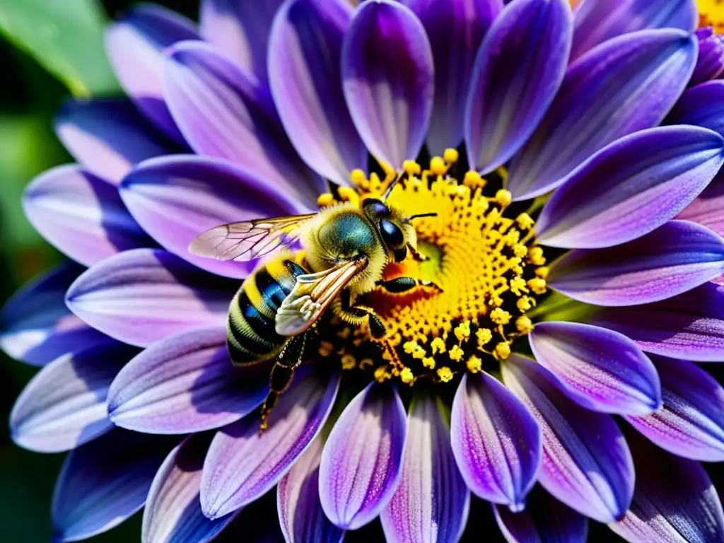 Una abeja cubierta de polen amarillo vibrante, con alas translúcidas y patas peludas, se posa sobre una flor morada brillante