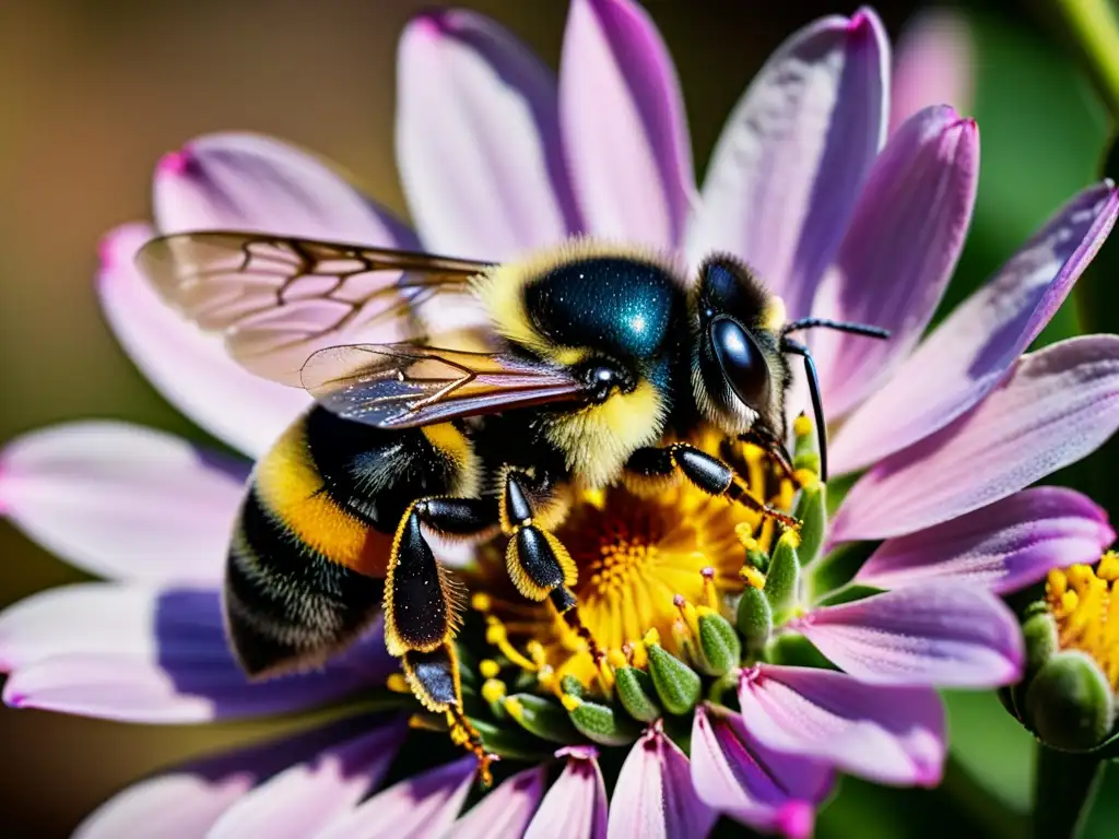 Una abeja cubierta de polen amarillo vibrante se posa sobre una delicada flor rosa, resaltando la importancia de los polinizadores en los ecosistemas globales