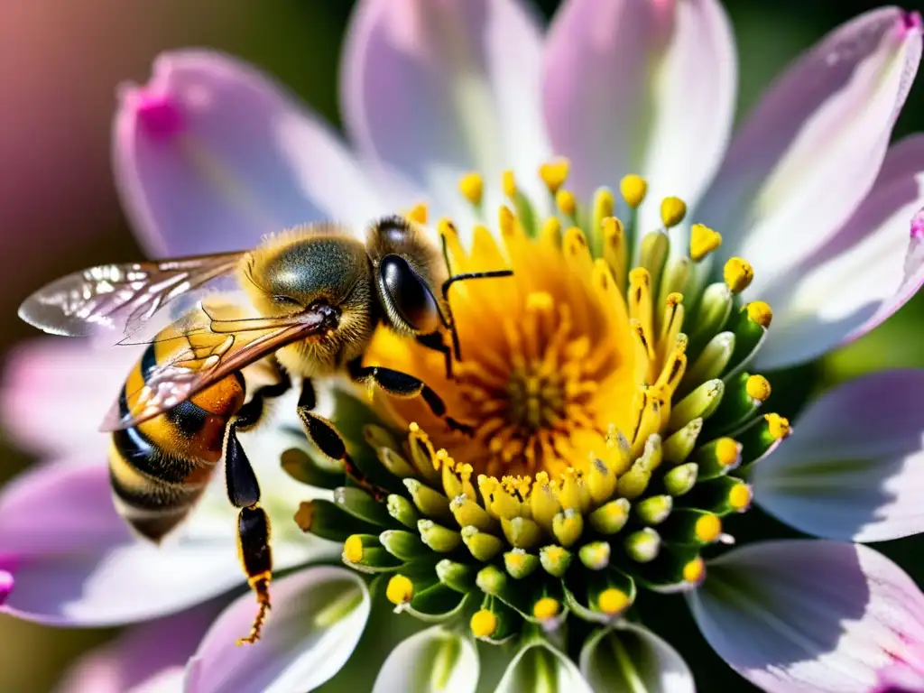 Una abeja cubierta de polen amarillo, en vuelo sobre una flor rosa