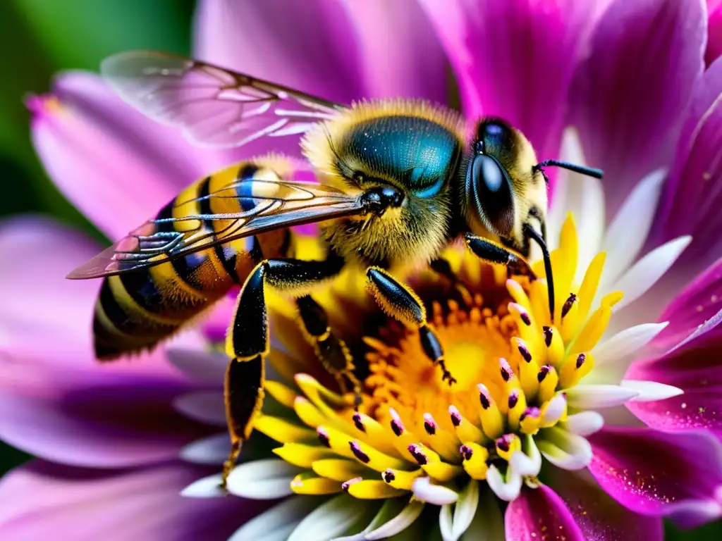 Una abeja cubierta de polen amarillo vibrante, con alas delicadas, revolotea cerca de una flor rosa brillante