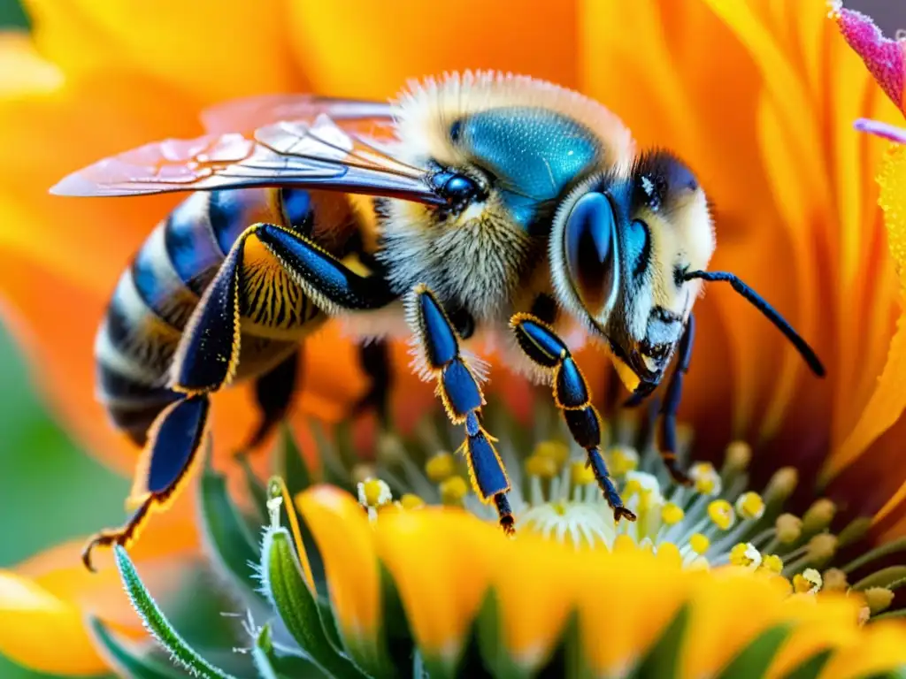 Una abeja cubierta de polen amarillo en una flor de amapola naranja