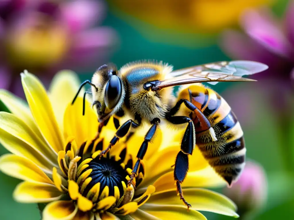 Una abeja cubierta de polen amarillo en pleno vuelo, capturando la vital importancia de la polinización cruzada en la biodiversidad y los cultivos