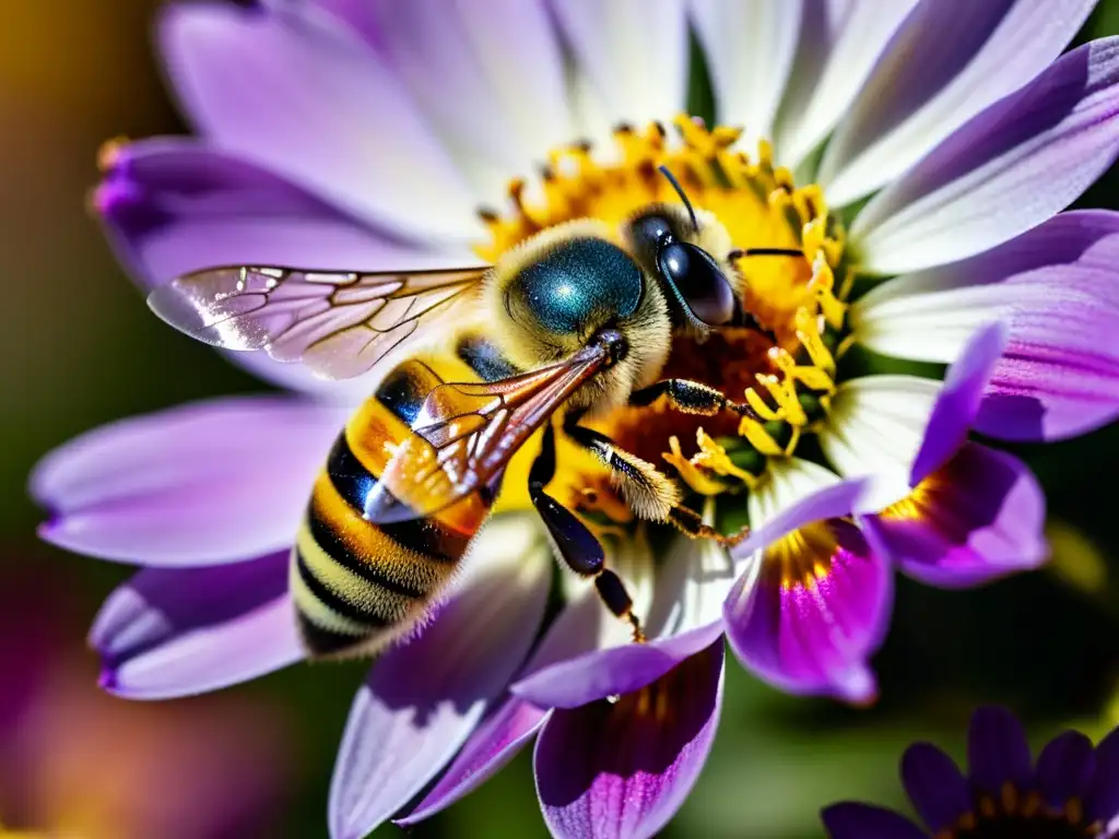 Una abeja cubierta de polen amarillo vibrante revolotea cerca del centro de una flor morada, rosada y blanca