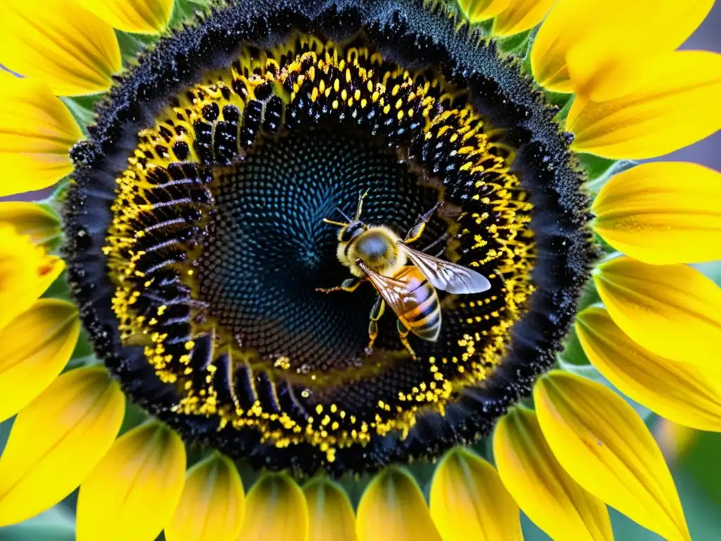 Una abeja cubierta de polen amarillo vibrante descansa en el centro de un girasol