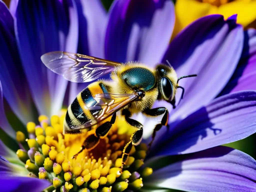 Una abeja cubierta de polen amarillo vibrante sobre una flor morada, resaltando la importancia de la polinización de cultivos por insectos