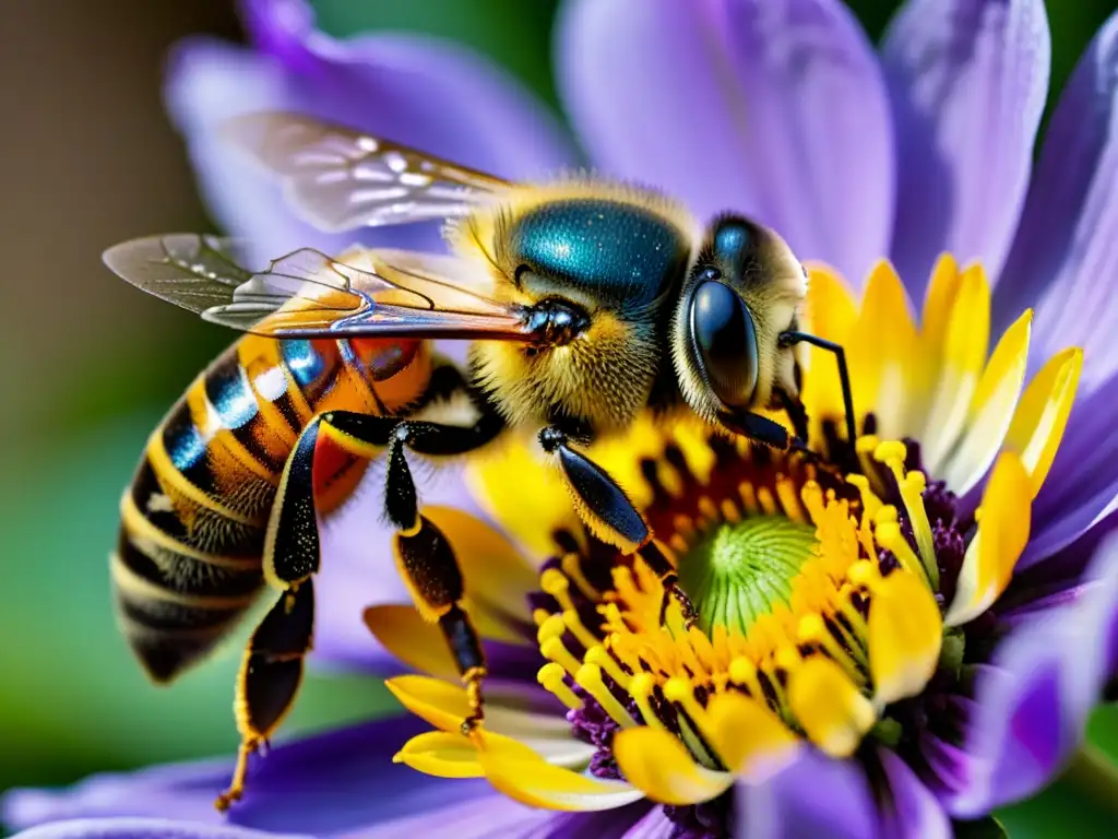 Una abeja cubierta de polen amarillo descansa en el estambre de una flor, resaltando la importancia de abejas en polinización