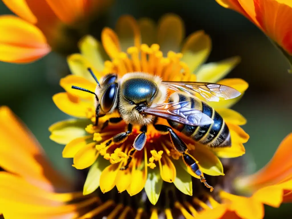 Una abeja cubierta de polen amarillo descansa sobre una flor de amapola naranja, mostrando la importancia de abejas en polinización