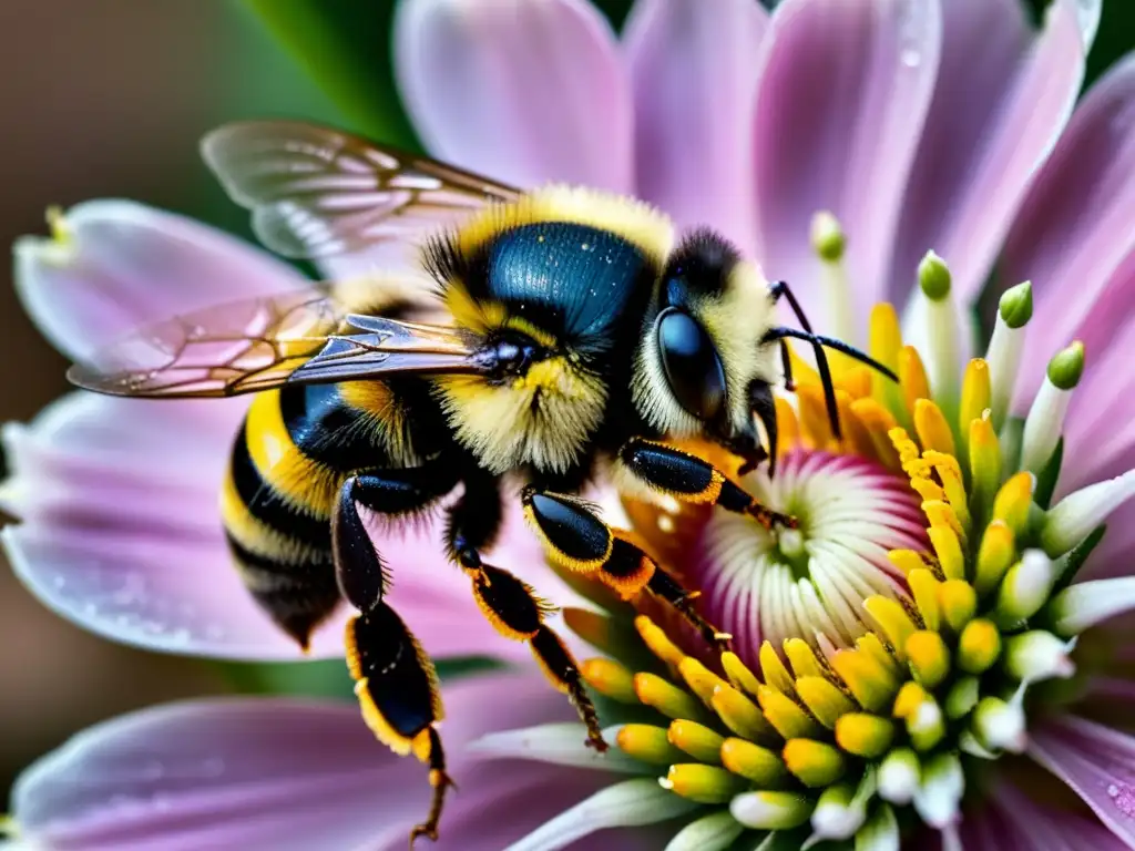 Una abeja cubierta de polen amarillo vibrante sobre una flor rosa